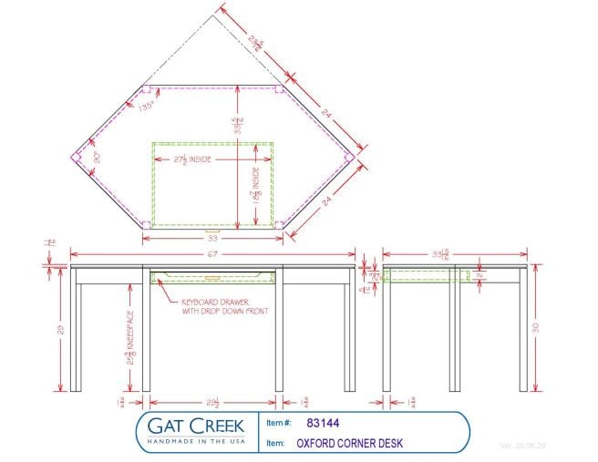 Drawings and dimensions for the Oxford Corner Desk