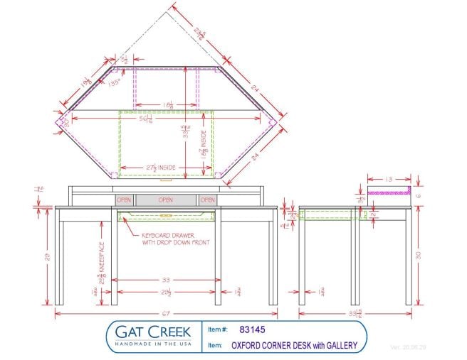 Drawings and dimensions for the Oxford Corner Desk