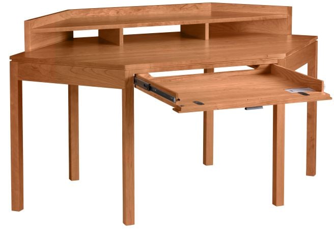 real wood corner desk with keyboard drawer
