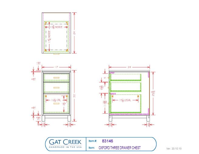 Drawings and dimensions for the three drawer Oxford File Chest