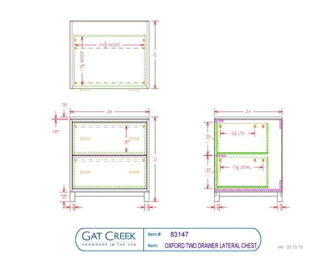 Drawings and dimensions for the two drawer Oxford Lateral File Chest