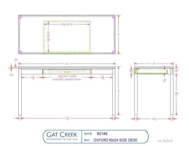 Drawings and dimensions for the Oxford 60x24 Side Desk