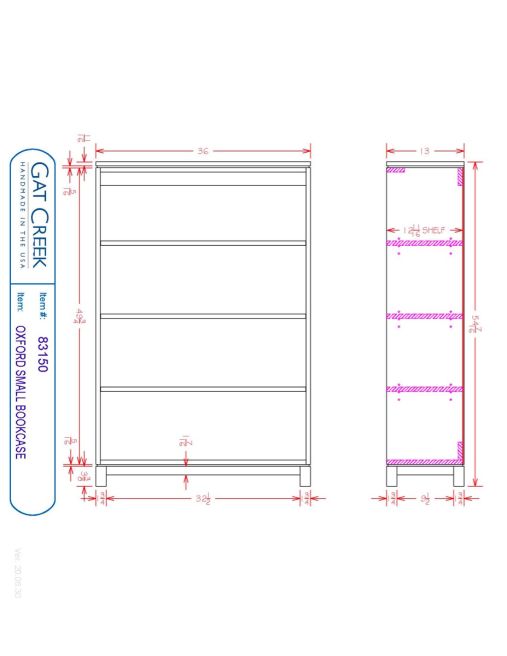 Drawings and dimensions for the Oxford Small Bookcase