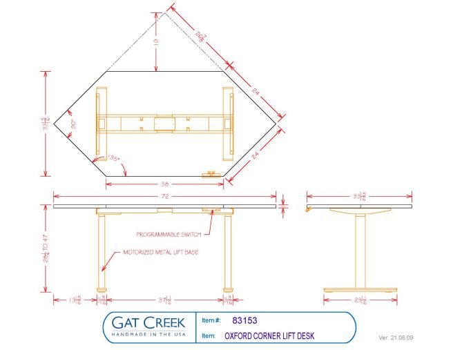 Drawings and dimensions for the Oxford Corner Lift Desk