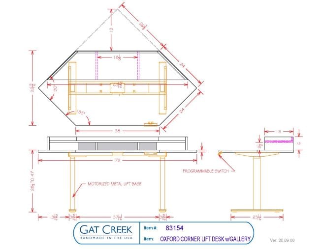 Drawings and dimensions for the Oxford Corner Lift Desk