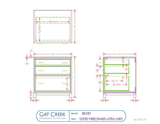 Drawings and dimensions for the three drawer Oxford Lateral File Chest