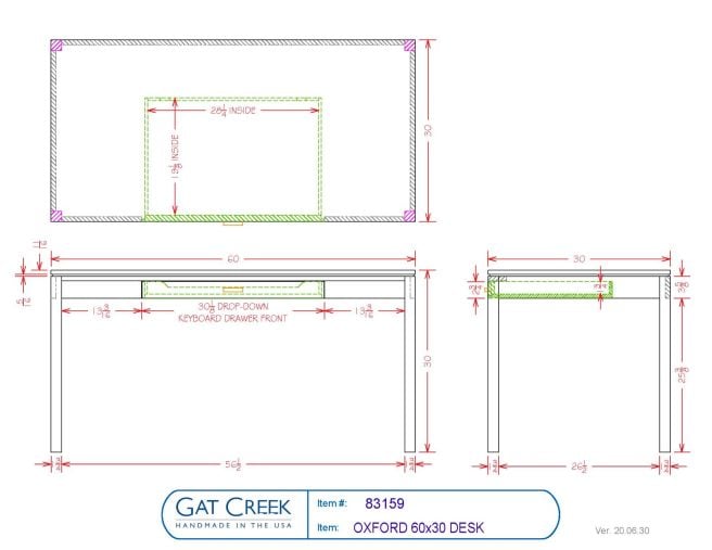 Drawings and dimensions for the Oxford 60x30 Desk