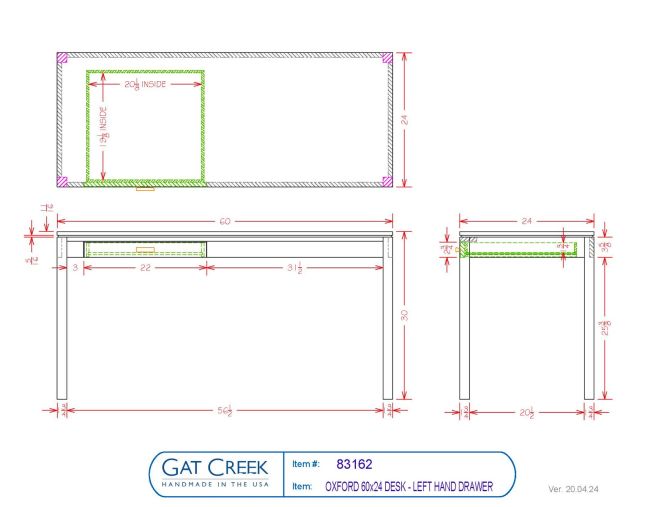Drawings and dimensions for the Oxford 60x24 Desk w/Handed Drawer