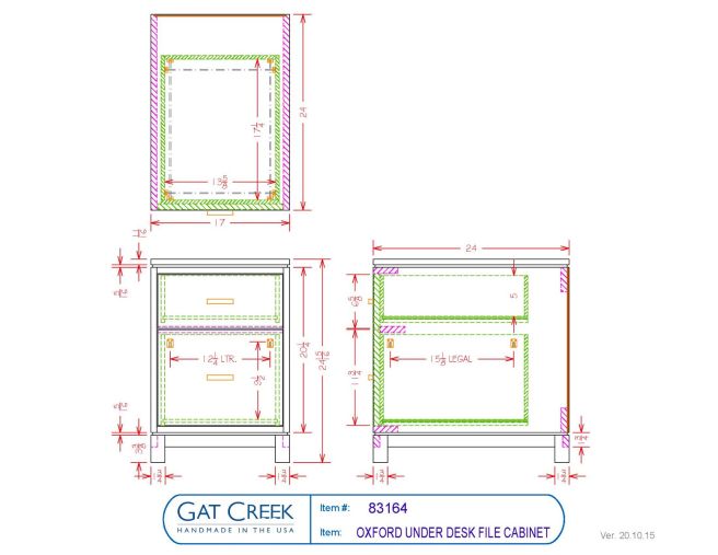 Drawings and dimensions for the Oxford Under Desk File Cabinet