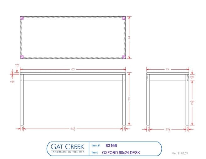 Drawings and dimensions for the Oxford 60x24 Side Desk
