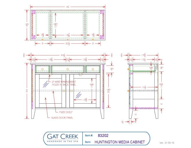 drawings and dimensions for the Huntington media cabinet