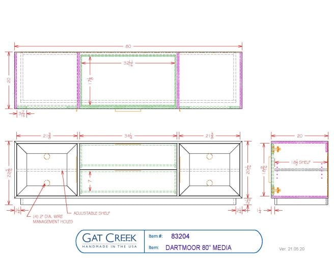 Drawings and dimensions for the 80" solid wood Dartmoor Media Cabinet