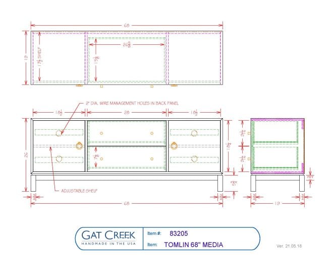 Drawings and dimensions for the Tomlin 68" Media Cabinet