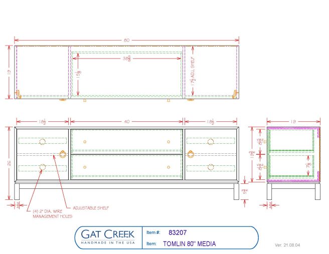 Drawings and dimensions for the Tomlin 80" Media Cabinet