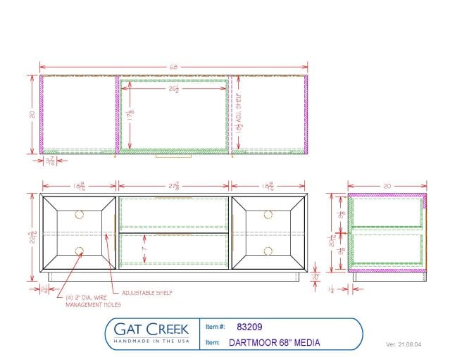 Drawings and dimensions for the 68" solid wood Dartmoor Media Cabinet