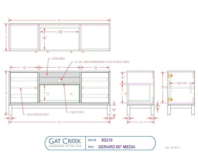 Drawings and dimensions for the Gerard Media Cabinet in 60"