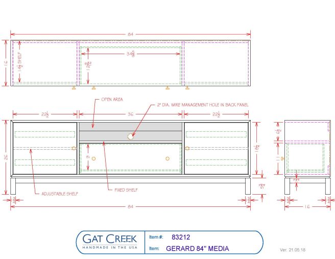 Drawings and dimensions for the Gerard Media Cabinet in 84"