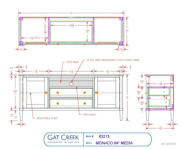 Drawings and dimensions for the 64" Monaco Media Cabinet