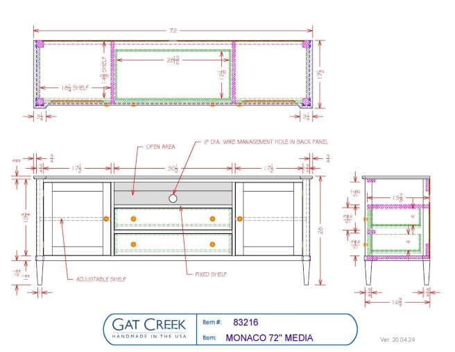 Drawings and dimensions for the 72" Monaco Media Cabinet