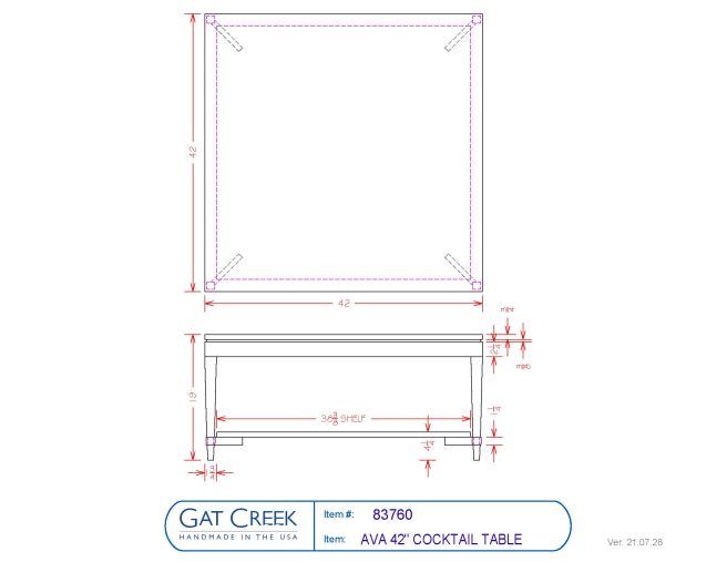 drawings for the Ava Square Cocktail Table