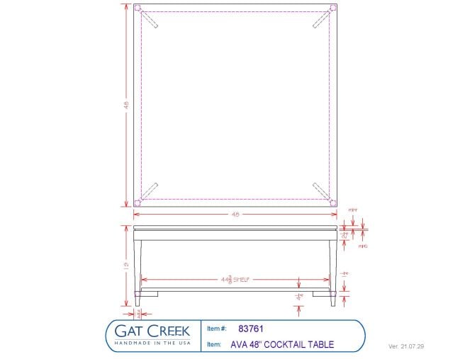 drawings for the Ava Square Cocktail Table