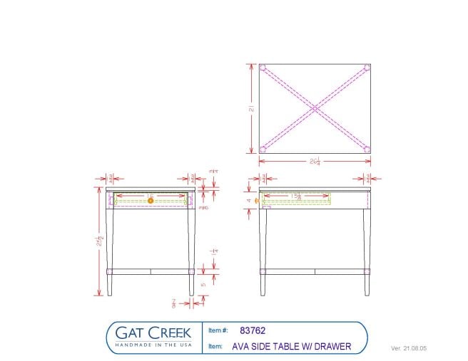 drawings for the Ava Side Table with Drawer