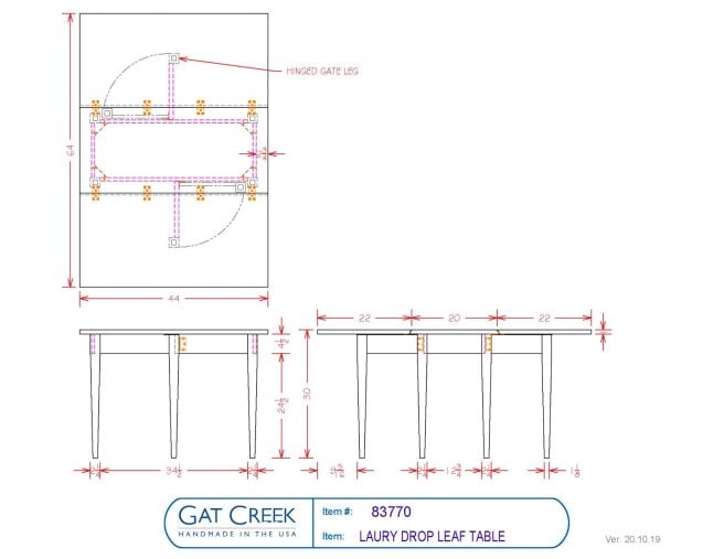 Drawings and dimensions for the Laury Drop Leaf Table