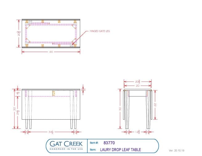 Drawings and dimensions for the Laury Drop Leaf Table
