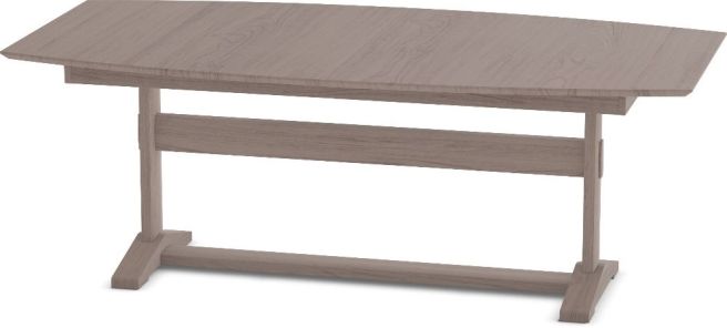 Modern farmhouse trestle table featuring a unique boat-shaped top and sturdy wood construction.