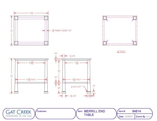drawings and dimensions for the Merrill Rectangular End Table