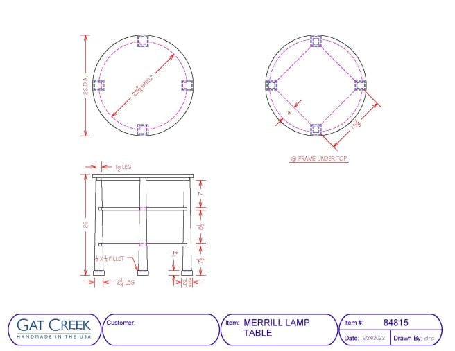 drawings of the dimensions for the Merrill Round Lamp Table
