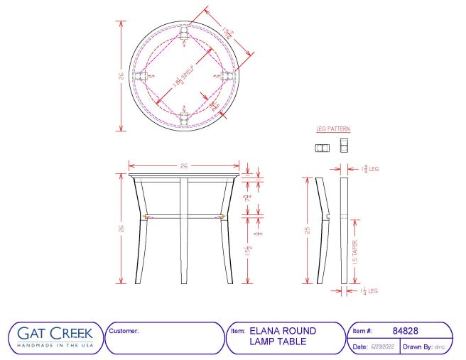 drawings and dimensions of the Elana Round Lamp Table