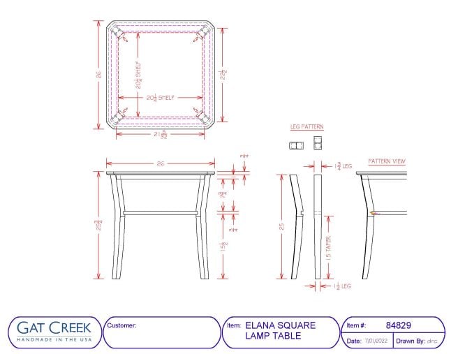 drawings and dimensions of the Elana Square Lamp Table