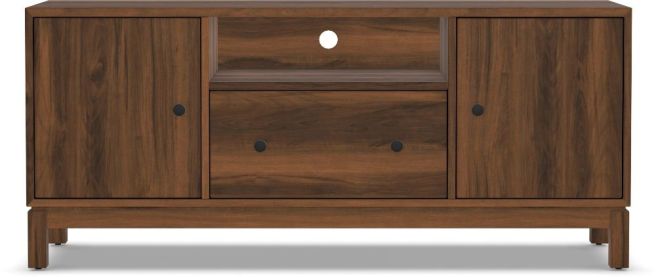 Modern media console with clean lines, dual cabinet doors, center drawer and open shelf with wire management, offering stylish and functional storage for living rooms or entertainment spaces.