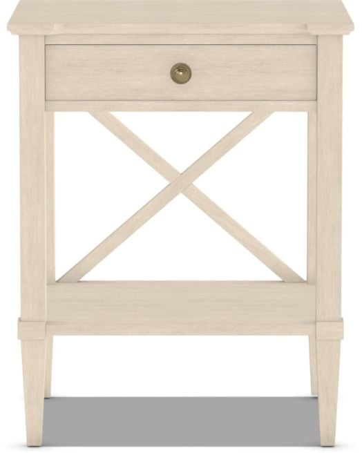Solid wood Monaco One Drawer Nightstand with hand glazed paint in color Lambs Wool with a satin brass knob.