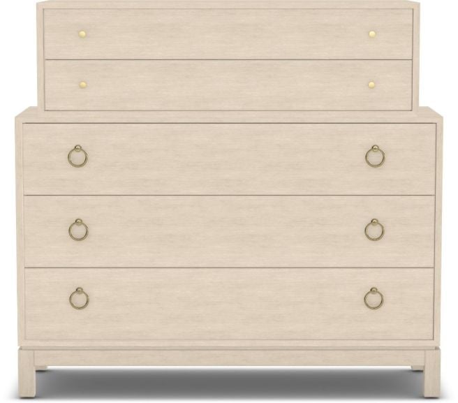 Elegant, multi-tiered dresser with a light wood finish, offering ample storage with its mix of spacious drawers and stylish brass hardware.