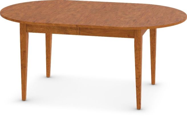 A handcrafted solid wood oval dining table with tapered legs, featuring an extendable design for versatile seating.