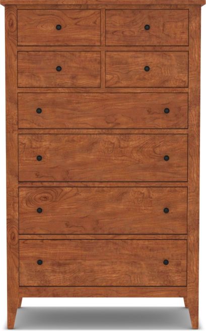 A handcrafted solid cherry wood chest with seven dovetail-joined drawers, designed for spacious bedroom storage and lasting durability.