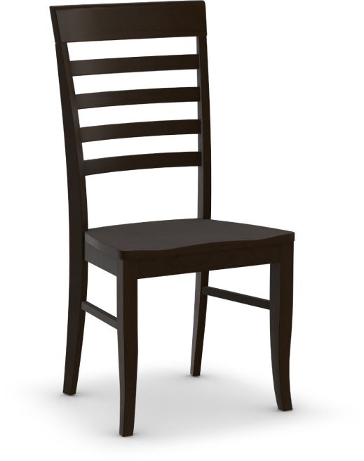 A wooden dining chair with a sleek ladder-back design and a sturdy solid seat, perfect for classic and modern interiors.