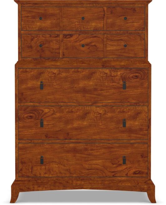 digital rendering of a highboy dresser featuring multiple drawers for flexible storage options made with cherry wood.