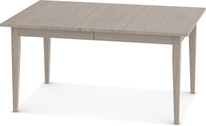 A handcrafted solid wood dining table with a sleek, modern design and extendable feature.