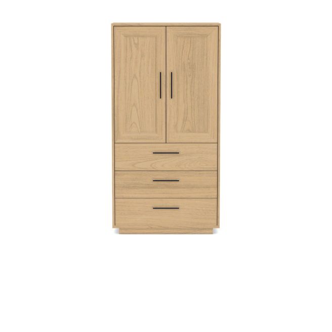 A wooden armoire featuring a two-door cabinet above three spacious drawers, combining functional storage with a sleek, modern design.