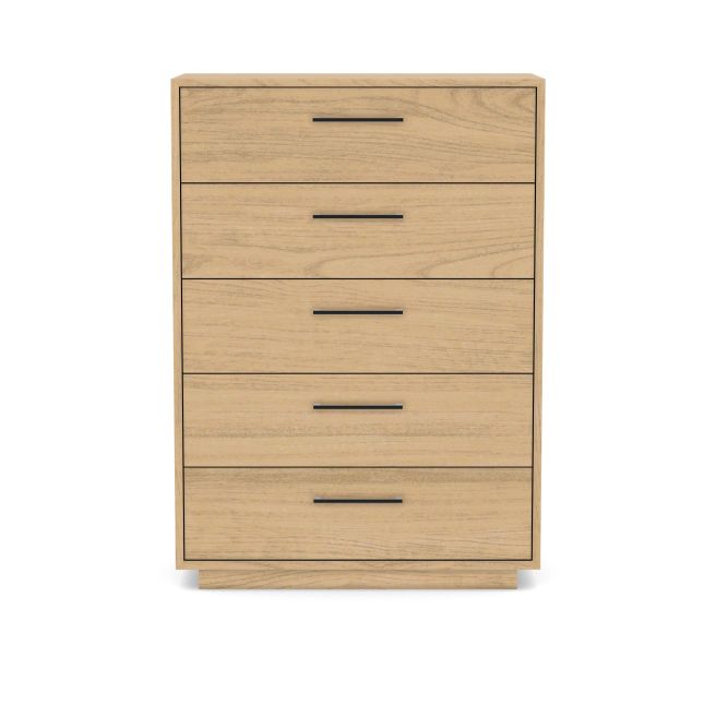 A wooden five-drawer tall dresser featuring a clean, minimalist design with sleek handles and sturdy construction.