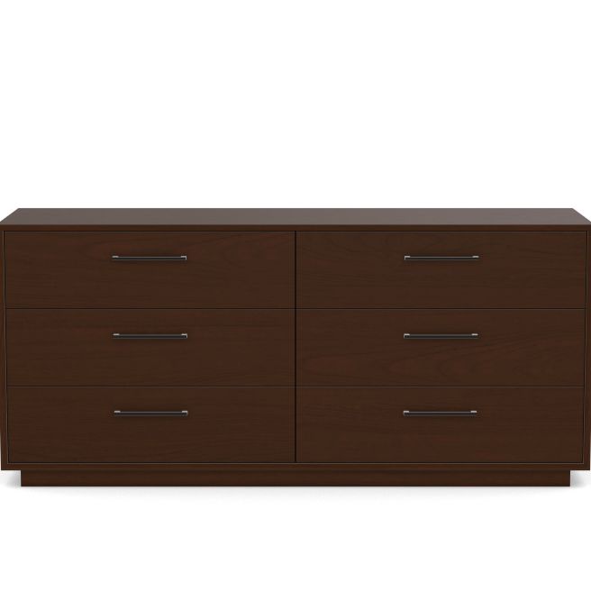 Front view of a six-drawer wooden dresser featuring sleek metal handles and a minimalist design, ideal for spacious bedroom storage.
