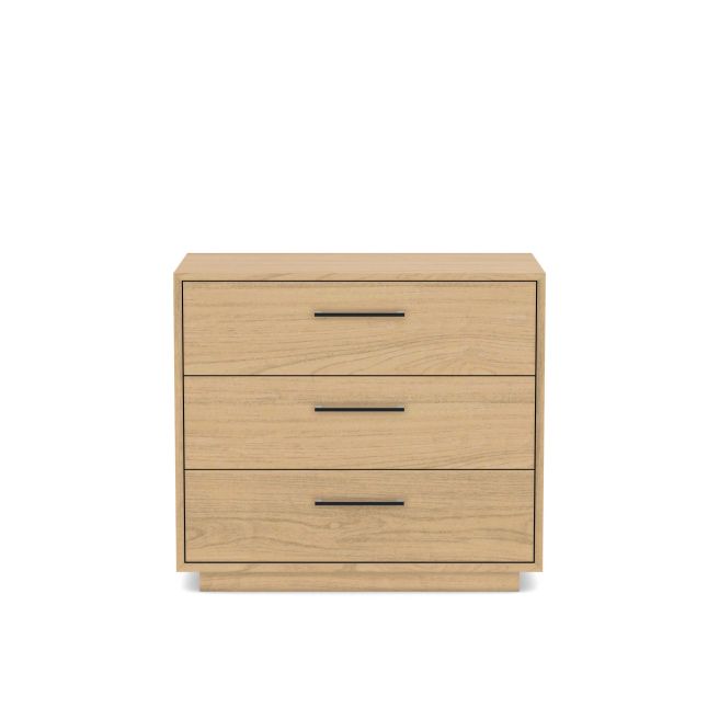 Front view of a wooden dresser with three spacious drawers and sleek metal handles, showcasing a clean and functional design.