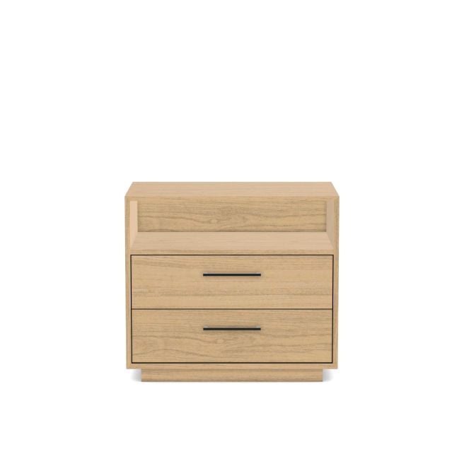 Two-drawer nightstand with a top shelf, inset drawer fronts, and a plinth base showcasing a sleek and functional design.