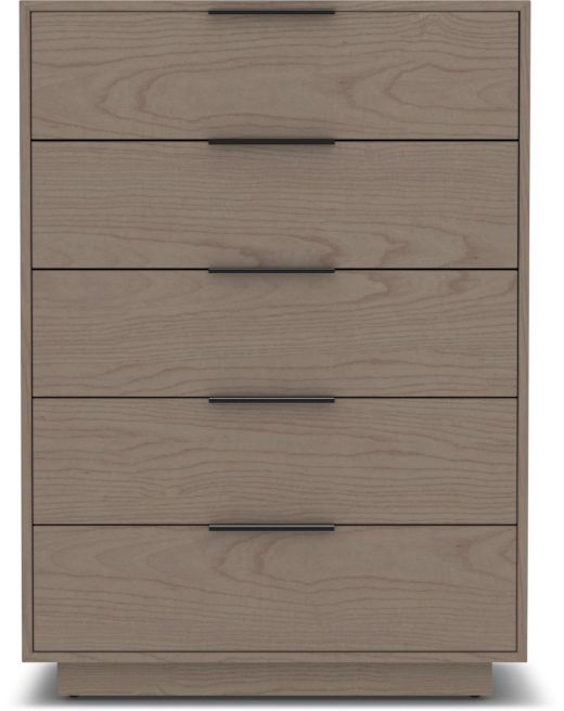 Modern five-drawer dresser in a light wood finish with sleek black metal handles, featuring a minimalist design.