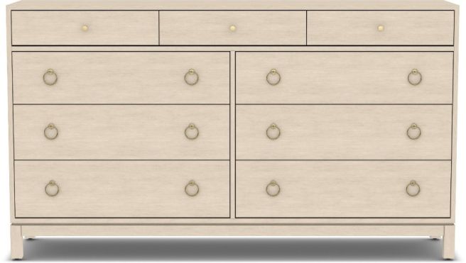 Solid wood dresser with nine drawers and sleek ring pull hardware, offering a modern design with ample storage space.
