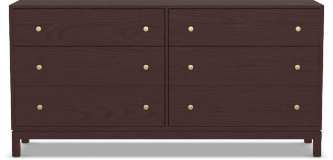 A modern six-drawer wooden dresser with a sleek design, offering ample storage space for bedrooms and living areas.
