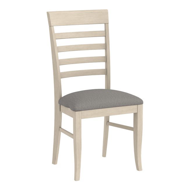 Elegant ladder-back chair crafted from solid wood with a cushioned seat, perfect for a dining room or kitchen.